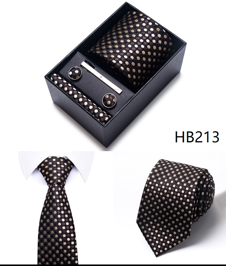 100% Silk Brand Tie Handkerchief Cufflink Set For Men Necktie Holiday Gift Box Blue Gold Suit Accessories Slim Wedding Gravatas