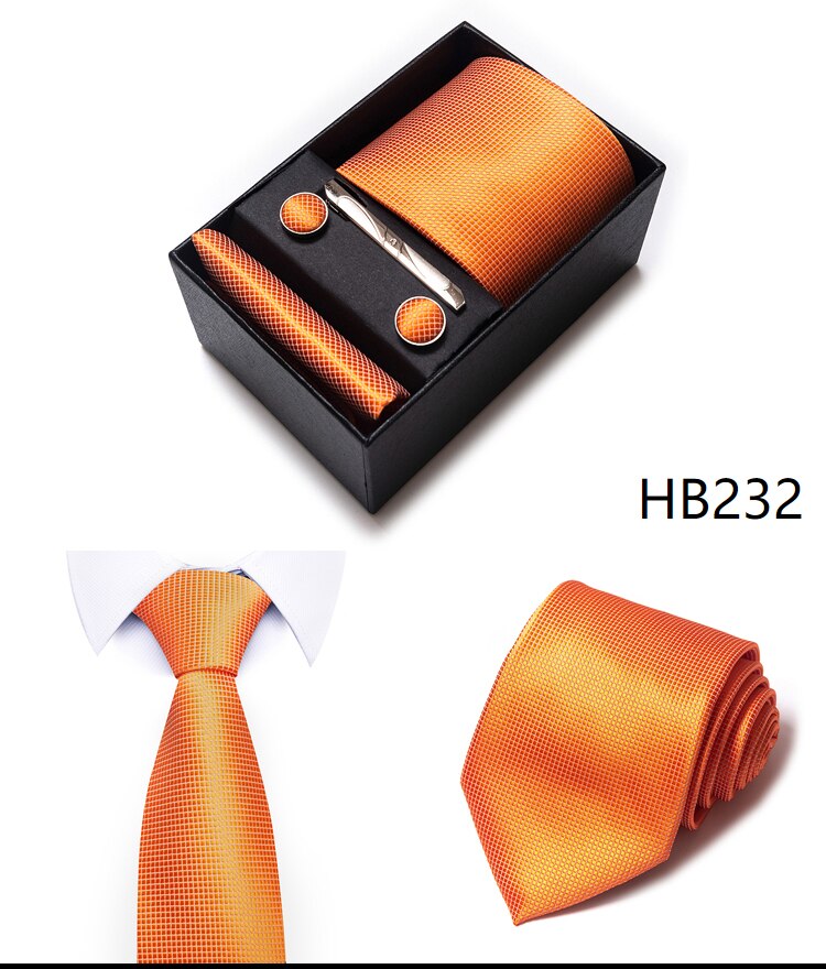 100% Silk Brand Tie Handkerchief Cufflink Set For Men Necktie Holiday Gift Box Blue Gold Suit Accessories Slim Wedding Gravatas