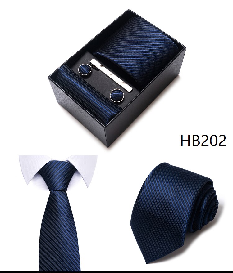 100% Silk Brand Tie Handkerchief Cufflink Set For Men Necktie Holiday Gift Box Blue Gold Suit Accessories Slim Wedding Gravatas