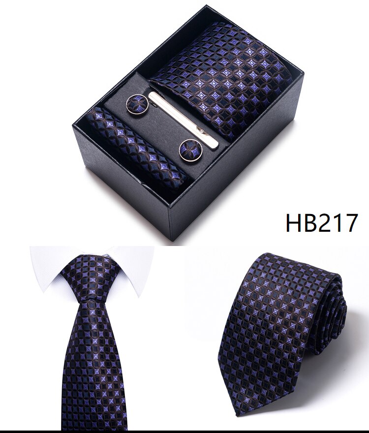 100% Silk Brand Tie Handkerchief Cufflink Set For Men Necktie Holiday Gift Box Blue Gold Suit Accessories Slim Wedding Gravatas