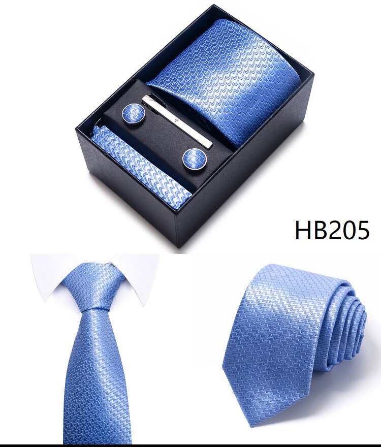 100% Silk Brand Tie Handkerchief Cufflink Set For Men Necktie Holiday Gift Box Blue Gold Suit Accessories Slim Wedding Gravatas