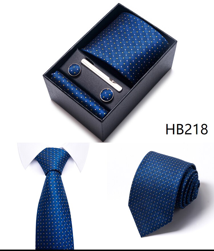 100% Silk Brand Tie Handkerchief Cufflink Set For Men Necktie Holiday Gift Box Blue Gold Suit Accessories Slim Wedding Gravatas