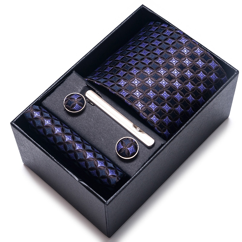 100% Silk Brand Tie Handkerchief Cufflink Set For Men Necktie Holiday Gift Box Blue Gold Suit Accessories Slim Wedding Gravatas 100% Silk Brand Tie Handkerchief Cufflink Set For Men Necktie Holiday Gift Box Blue Gold Suit Accessories Slim Wedding Gravatas
