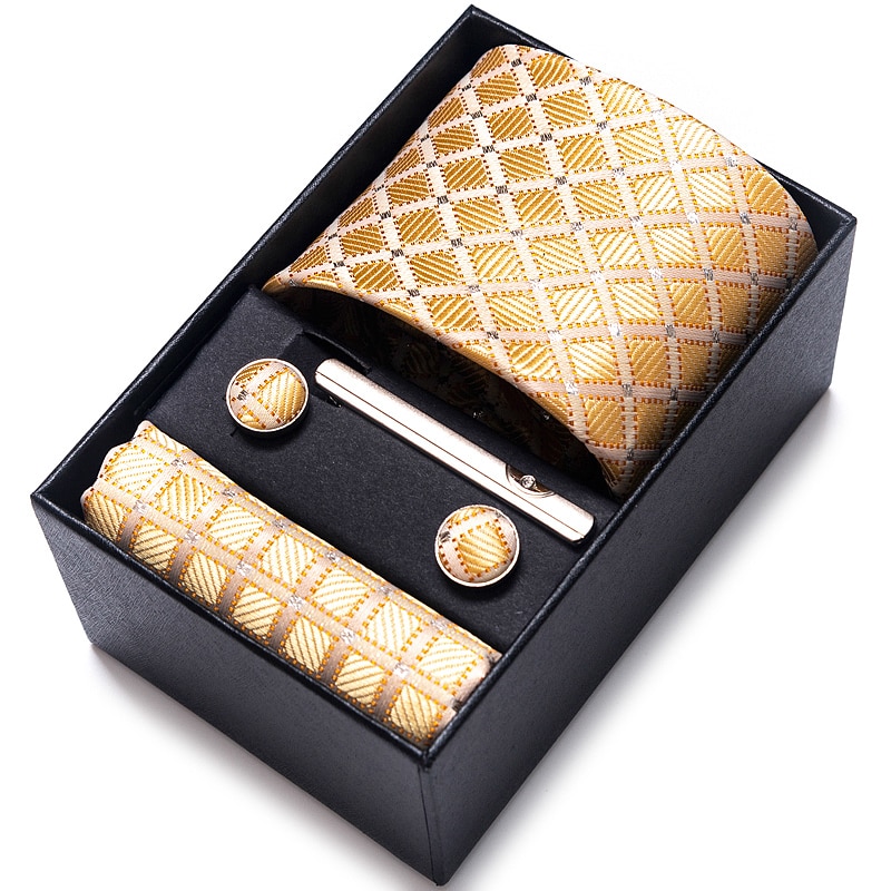 100% Silk Brand Tie Handkerchief Cufflink Set For Men Necktie Holiday Gift Box Blue Gold Suit Accessories Slim Wedding Gravatas 100% Silk Brand Tie Handkerchief Cufflink Set For Men Necktie Holiday Gift Box Blue Gold Suit Accessories Slim Wedding Gravatas