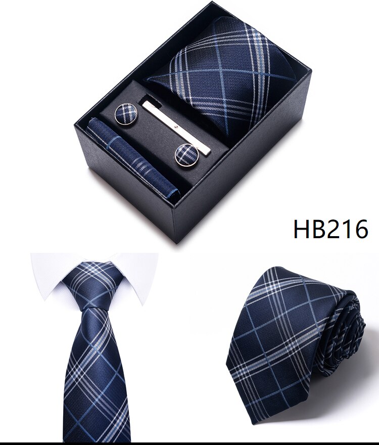100% Silk Brand Tie Handkerchief Cufflink Set For Men Necktie Holiday Gift Box Blue Gold Suit Accessories Slim Wedding Gravatas