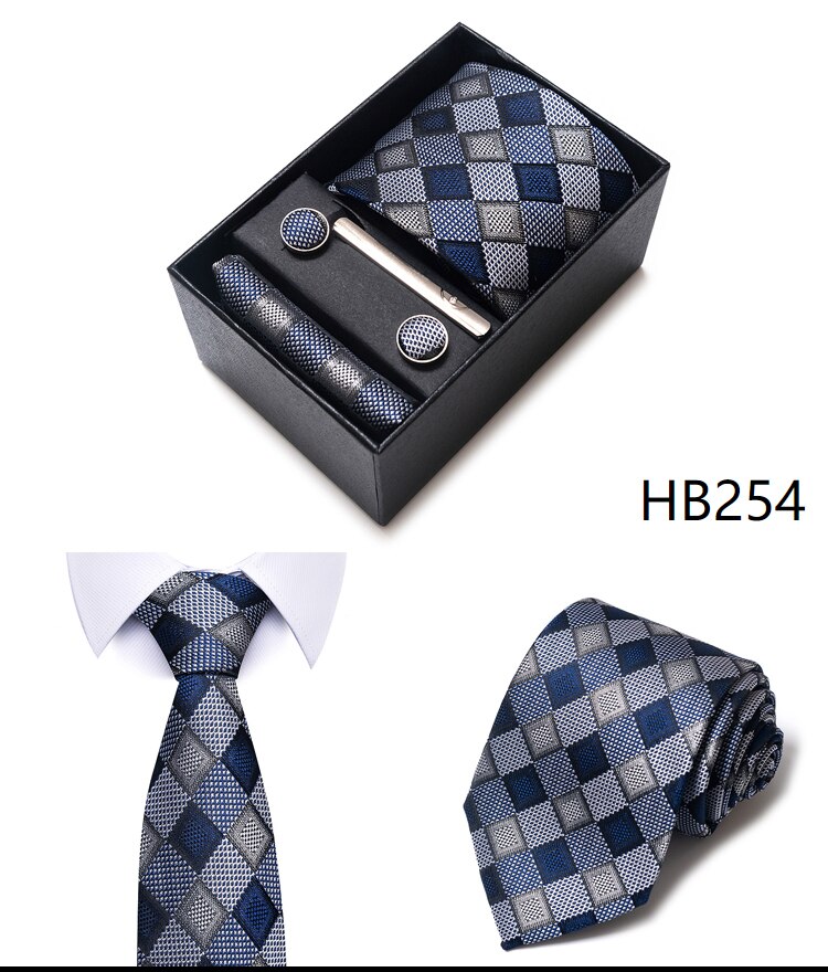 100% Silk Brand Tie Handkerchief Cufflink Set For Men Necktie Holiday Gift Box Blue Gold Suit Accessories Slim Wedding Gravatas