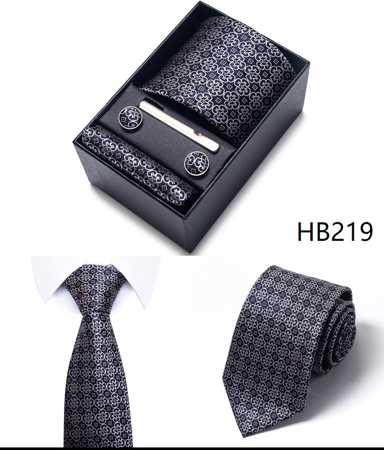 100% Silk Brand Tie Handkerchief Cufflink Set For Men Necktie Holiday Gift Box Blue Gold Suit Accessories Slim Wedding Gravatas