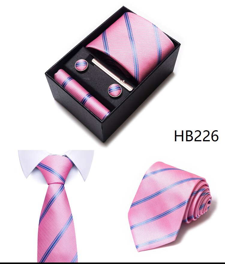 100% Silk Brand Tie Handkerchief Cufflink Set For Men Necktie Holiday Gift Box Blue Gold Suit Accessories Slim Wedding Gravatas