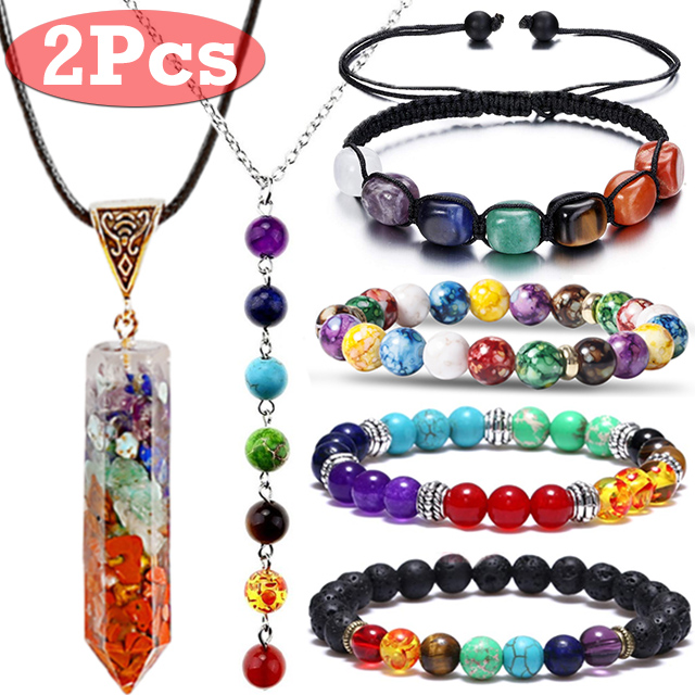 2Pcs Yoga Energy Jewelry Sets Natural Stone Beads 7 Chakra Reiki Healing Balance Necklaces Stretch Energy Bracelet for Women
