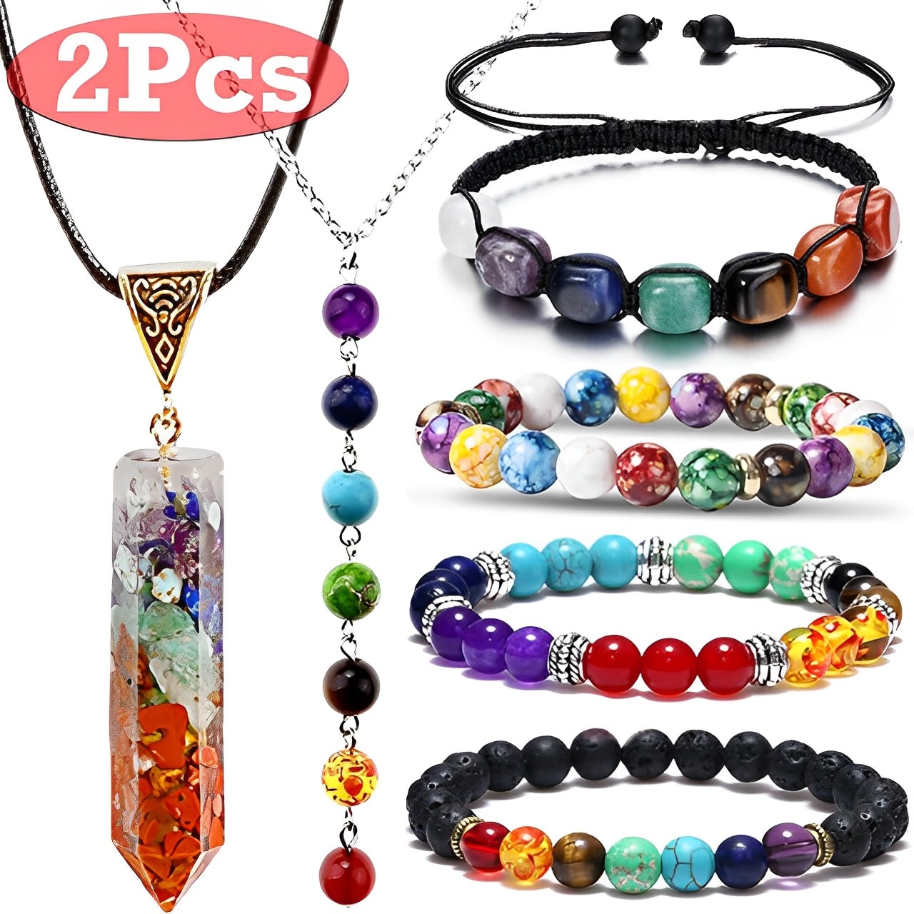 2Pcs Yoga Energy Jewelry Sets Natural Stone Beads 7 Chakra Reiki Healing Balance Necklaces Stretch Energy Bracelet for Women 2Pcs Yoga Energy Jewelry Sets Natural Stone Beads 7 Chakra Reiki Healing Balance Necklaces Stretch Energy Bracelet for Women
