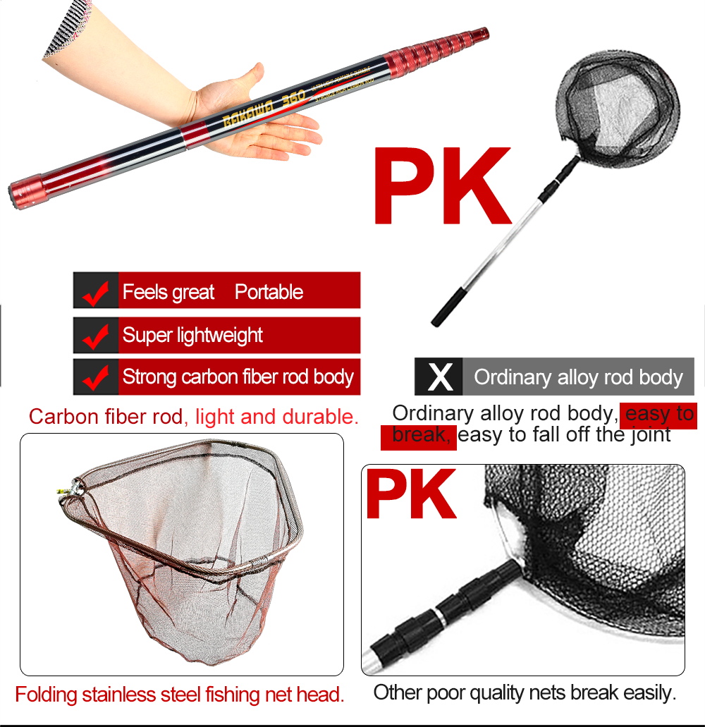 BAKAWA Fishing Net Telescoping Foldable Landing Net Pole Lightweight Carp Carbon Folding Sea Hand Dip Net 3M/4M/2.1M Tackle
