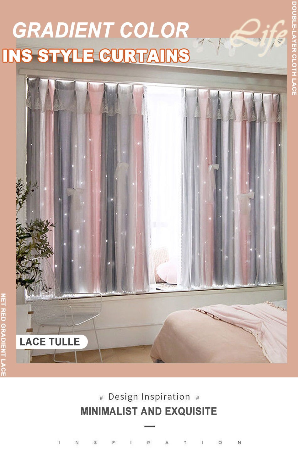 Stars Hollow Curtains Roman Shutter Lace Tulle Double Layer Window Curtains Girls Decor Bedroom Living Room Interior Home Decor
