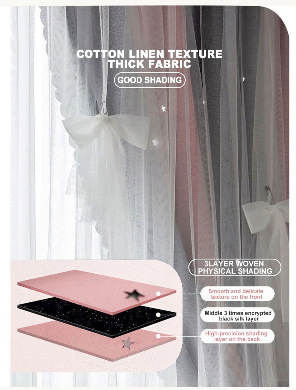Stars Hollow Curtains Roman Shutter Lace Tulle Double Layer Window Curtains Girls Decor Bedroom Living Room Interior Home Decor