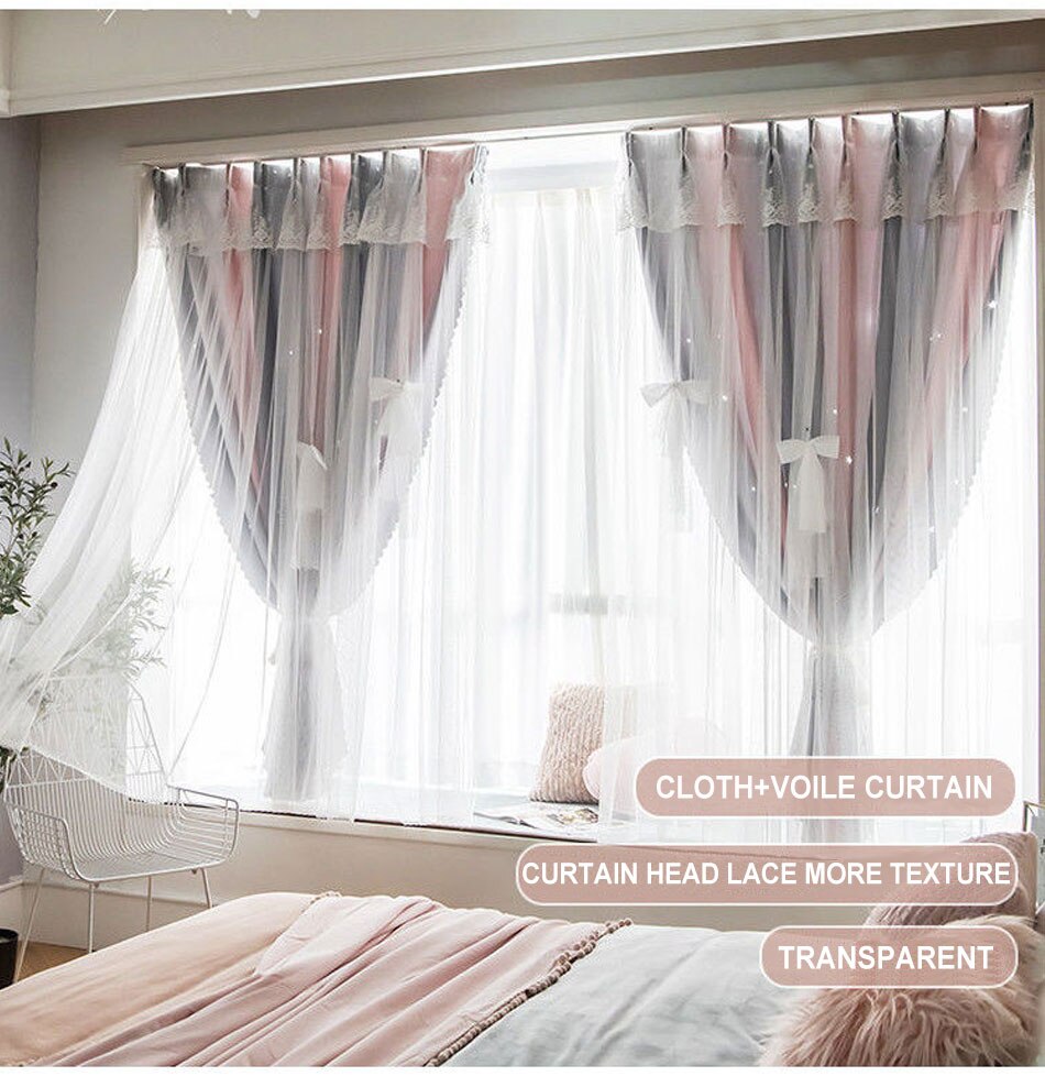 Stars Hollow Curtains Roman Shutter Lace Tulle Double Layer Window Curtains Girls Decor Bedroom Living Room Interior Home Decor