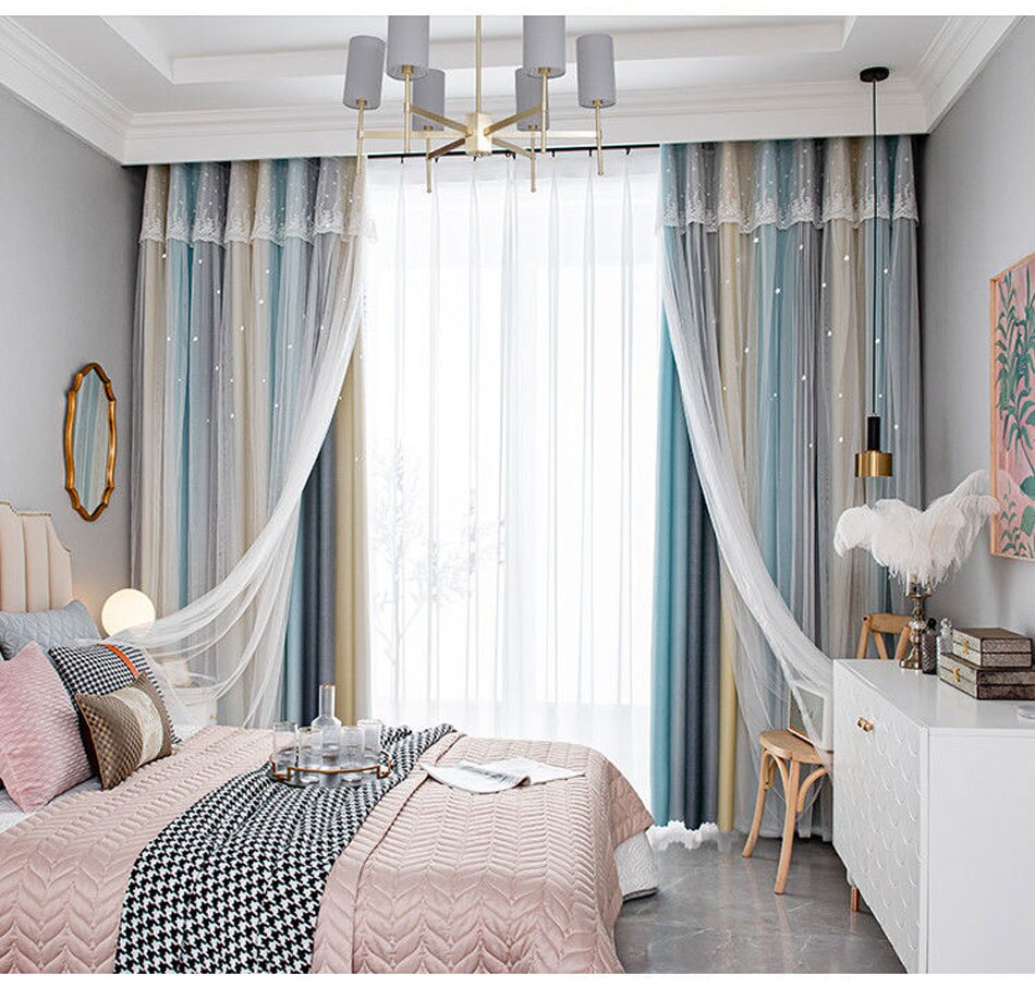 Stars Hollow Curtains Roman Shutter Lace Tulle Double Layer Window Curtains Girls Decor Bedroom Living Room Interior Home Decor