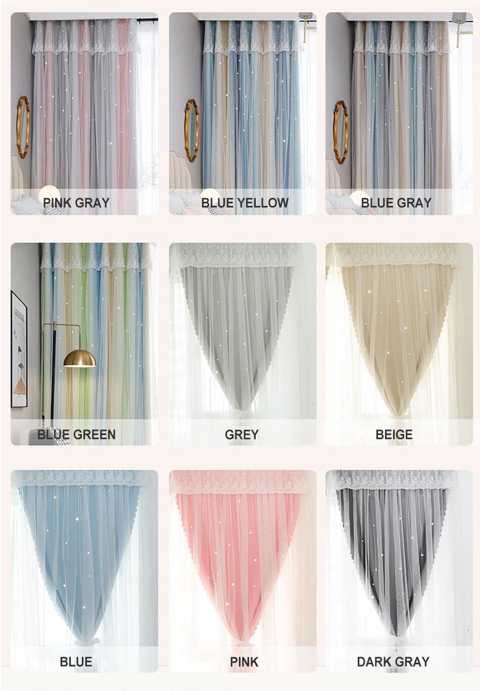 Stars Hollow Curtains Roman Shutter Lace Tulle Double Layer Window Curtains Girls Decor Bedroom Living Room Interior Home Decor