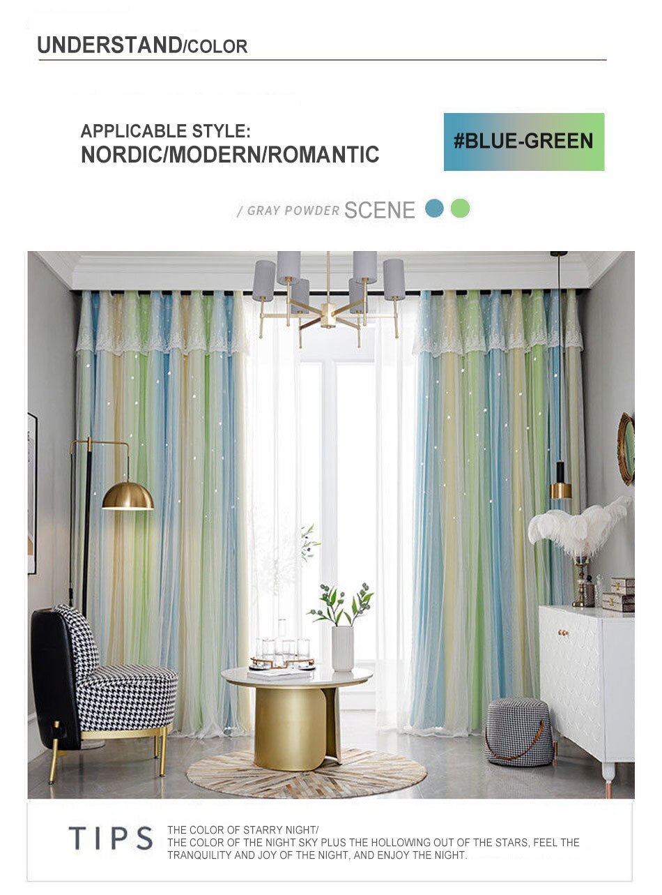 Stars Hollow Curtains Roman Shutter Lace Tulle Double Layer Window Curtains Girls Decor Bedroom Living Room Interior Home Decor