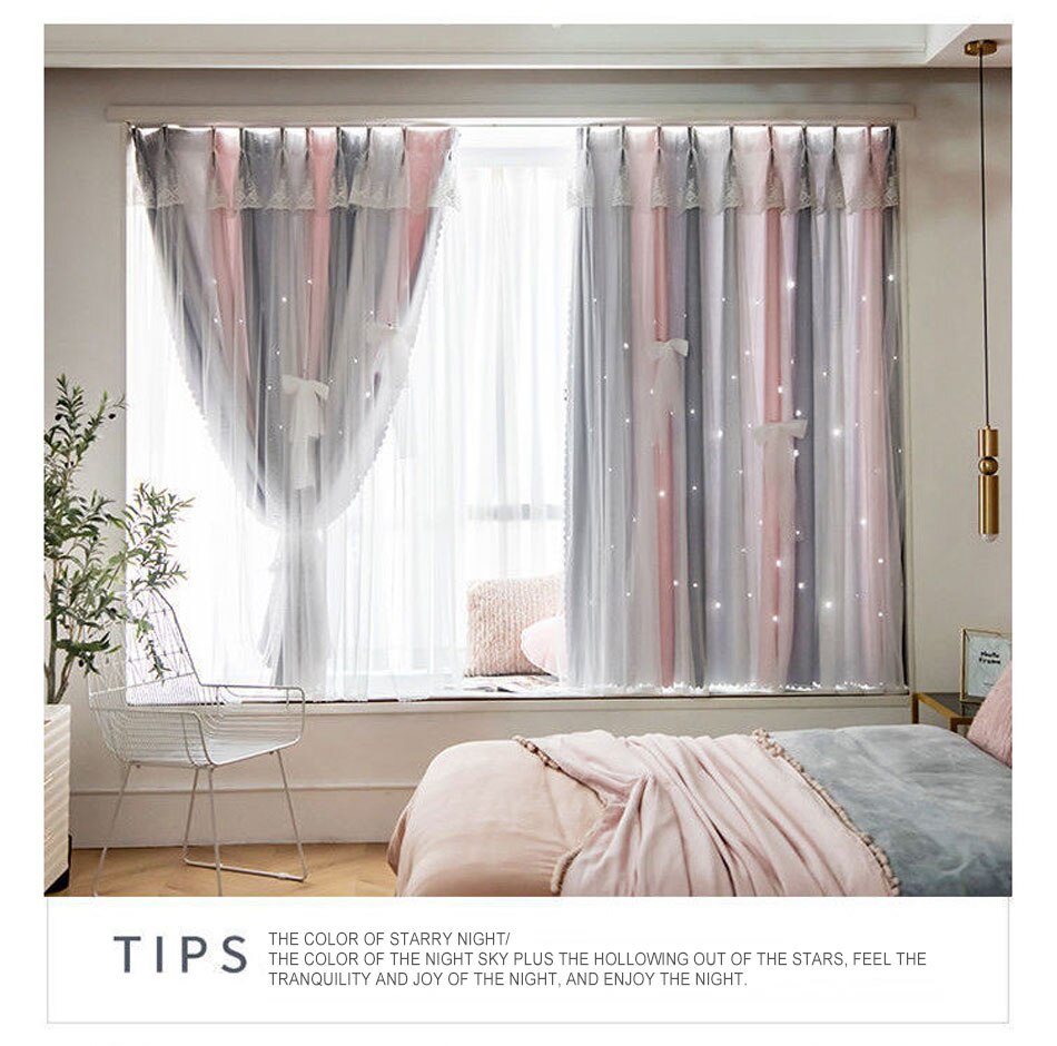 Stars Hollow Curtains Roman Shutter Lace Tulle Double Layer Window Curtains Girls Decor Bedroom Living Room Interior Home Decor