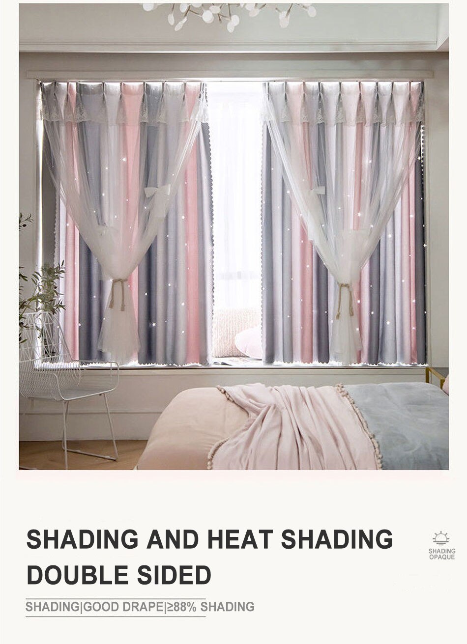 Stars Hollow Curtains Roman Shutter Lace Tulle Double Layer Window Curtains Girls Decor Bedroom Living Room Interior Home Decor