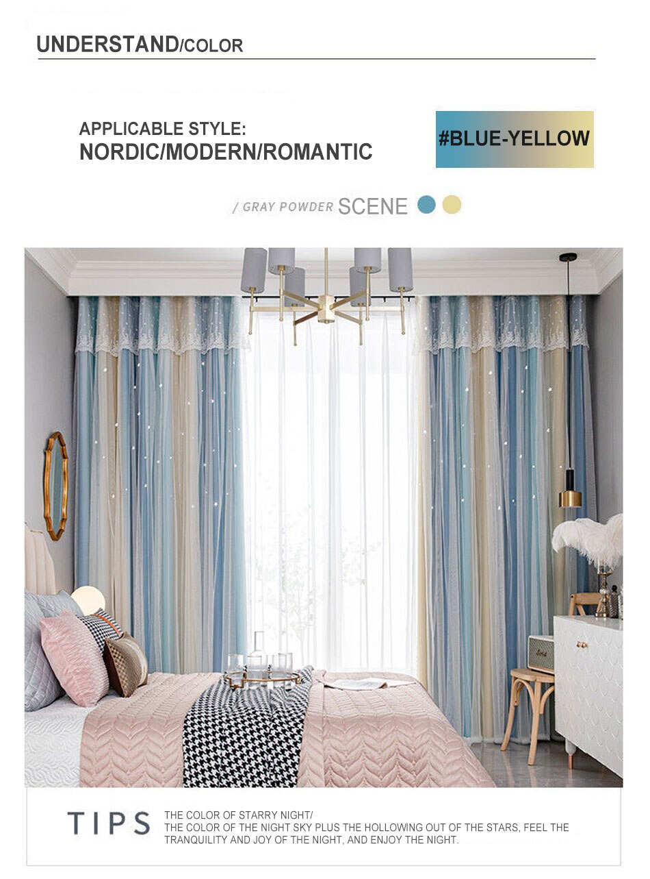 Stars Hollow Curtains Roman Shutter Lace Tulle Double Layer Window Curtains Girls Decor Bedroom Living Room Interior Home Decor