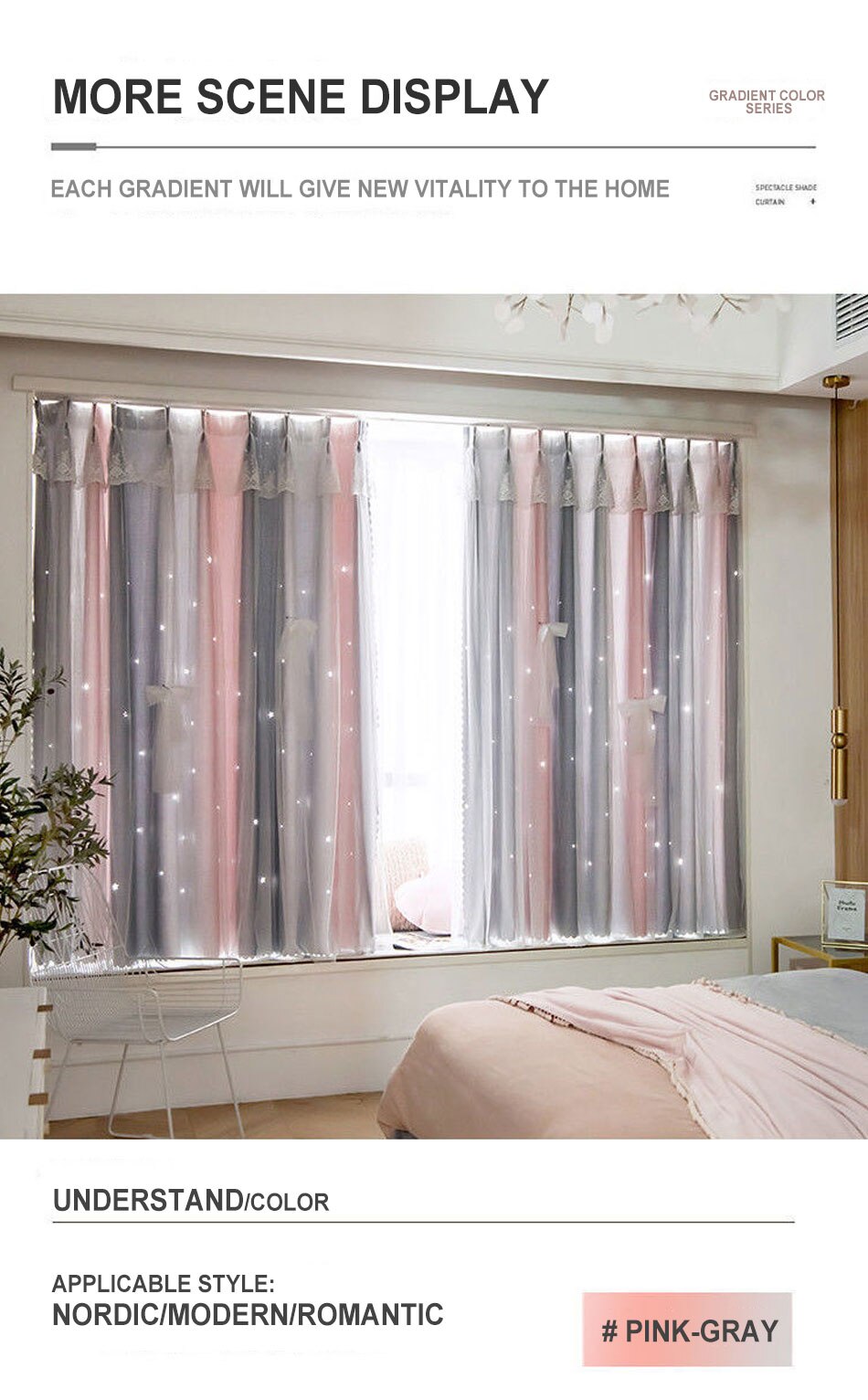 Stars Hollow Curtains Roman Shutter Lace Tulle Double Layer Window Curtains Girls Decor Bedroom Living Room Interior Home Decor