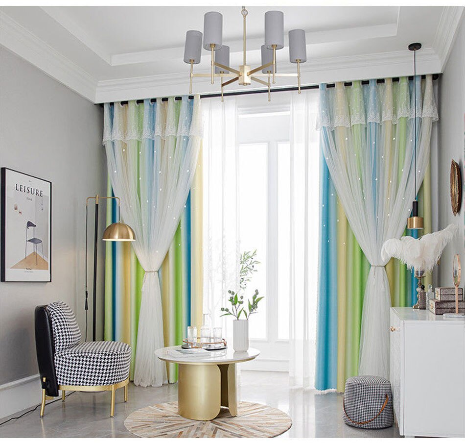 Stars Hollow Curtains Roman Shutter Lace Tulle Double Layer Window Curtains Girls Decor Bedroom Living Room Interior Home Decor