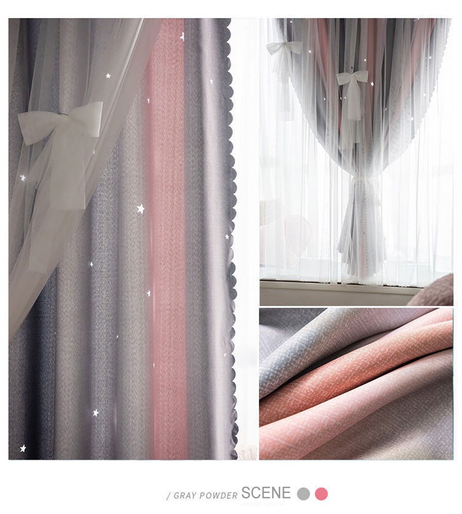 Stars Hollow Curtains Roman Shutter Lace Tulle Double Layer Window Curtains Girls Decor Bedroom Living Room Interior Home Decor