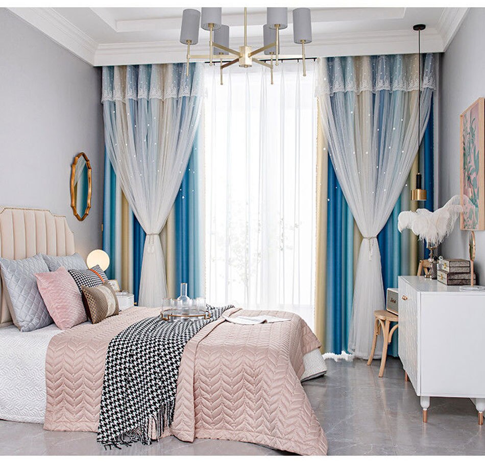 Stars Hollow Curtains Roman Shutter Lace Tulle Double Layer Window Curtains Girls Decor Bedroom Living Room Interior Home Decor