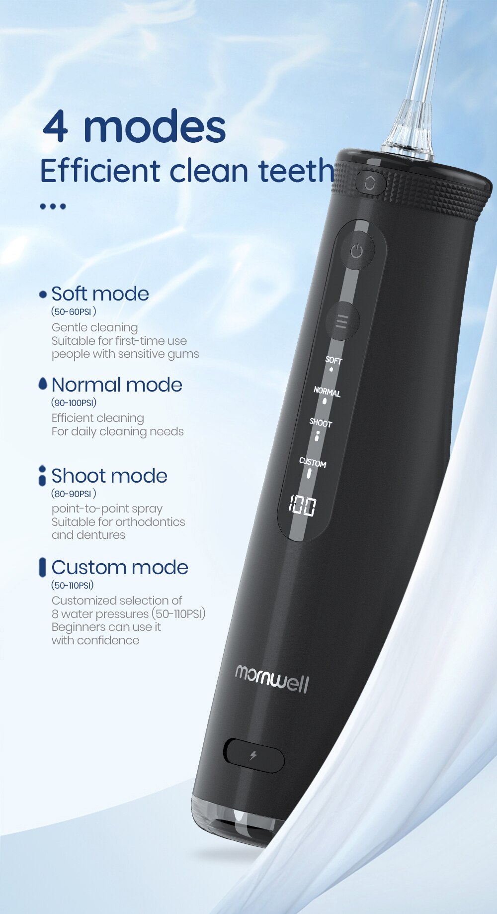 Mornwell 5032 Oral Irrigator Dental Teeth Whitening Home Appliance Sonic Water Flosser 270ML Tank Teeth Cleaner Dental Water Jet