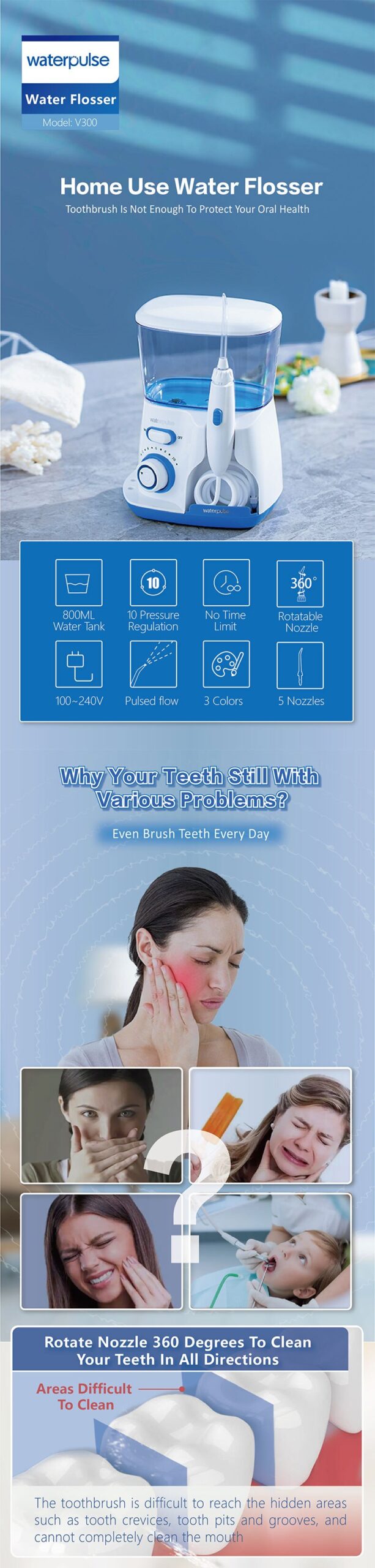 Waterpulse V300G Oral Irrigator 5pcs Tips Dental Water Flosser Electric Cleaner 800ml Oral Hygiene Dental Flosser For Oral Care